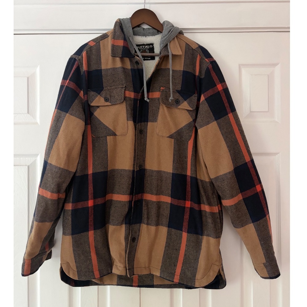 Buffalo David Bitton Sherpa Lined Hooded Plaid Flannel Shirt Jacket XL Brown